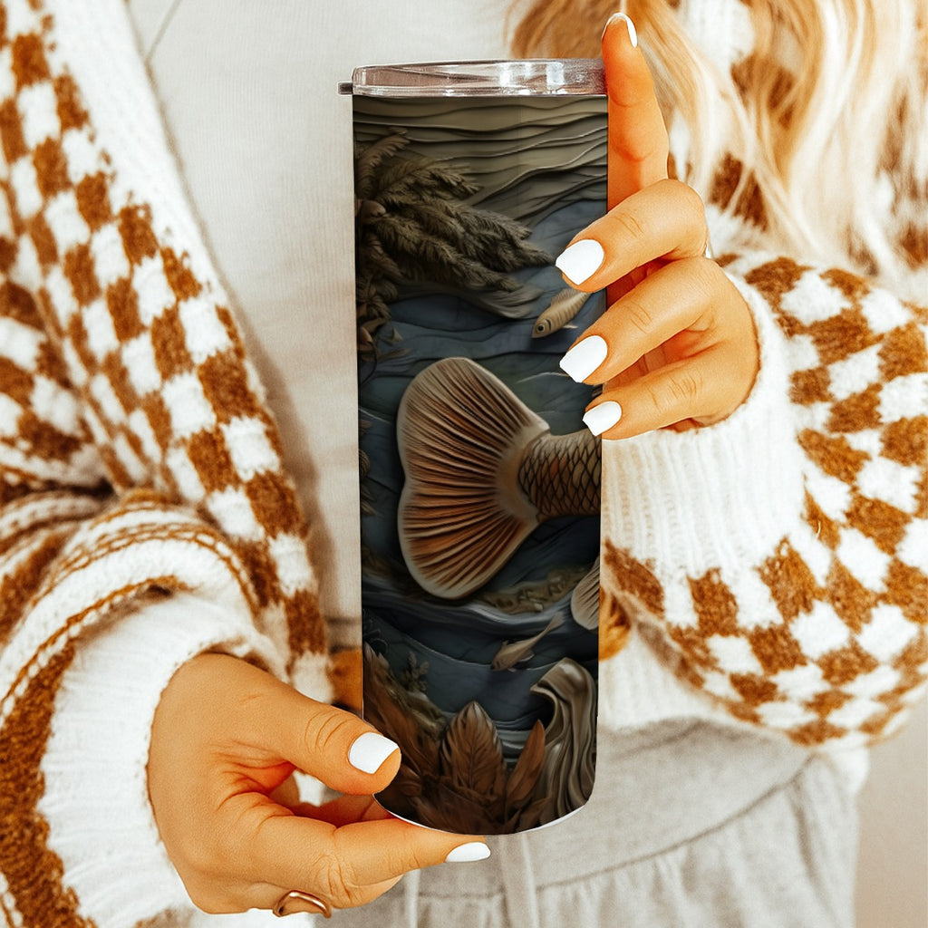 20 oz Straight Tumbler-3D Tooled Leather Fish Design-Rustic Western Sublimation Wrap-Insulated Stain