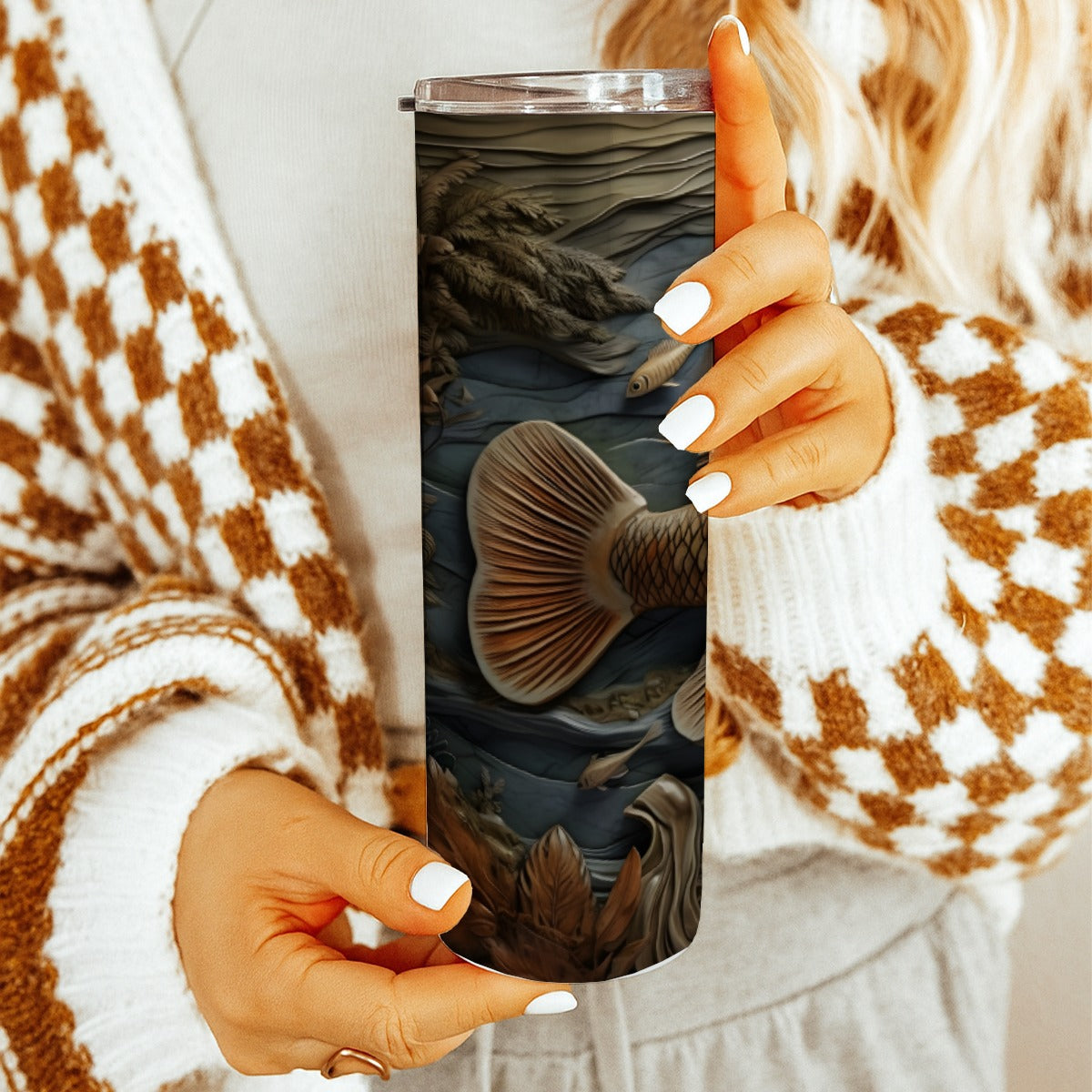 20 oz Straight Tumbler-3D Tooled Leather Fish Design-Rustic Western Sublimation Wrap-Insulated Stain