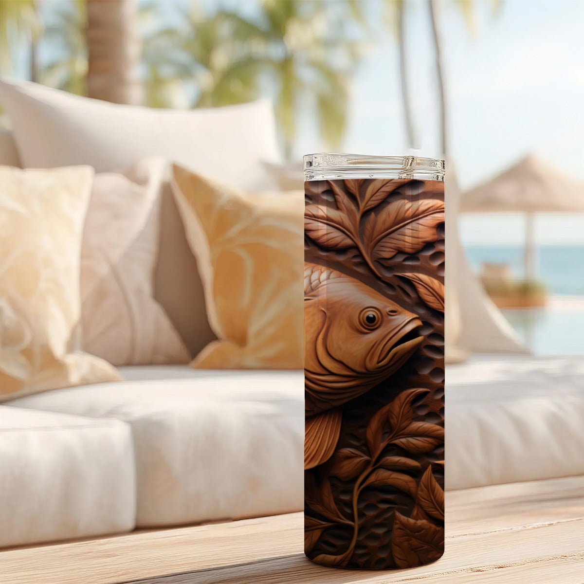 20 oz Straight Tumbler-3D Tooled Leather Fish Design-Rustic Western Sublimation Wrap-Insulated Stain