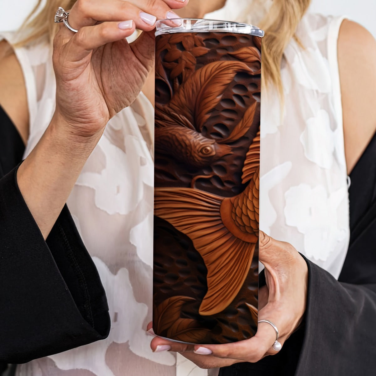 20 oz Straight Tumbler-3D Tooled Leather Fish Design-Rustic Western Sublimation Wrap-Insulated Stain