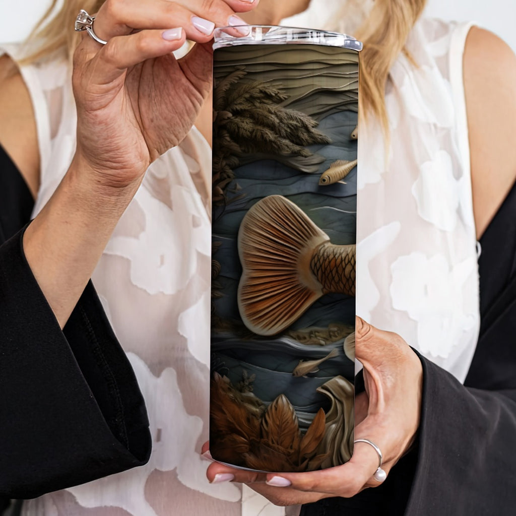 20 oz Straight Tumbler-3D Tooled Leather Fish Design-Rustic Western Sublimation Wrap-Insulated Stain