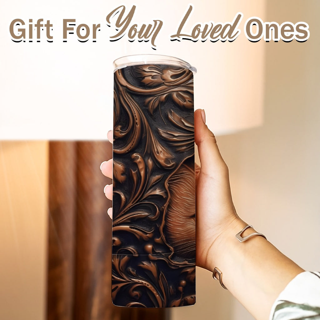20 oz Straight Tumbler-3D Tooled Leather Cat Design-Rustic Western Sublimation Wrap-Insulated Stainl