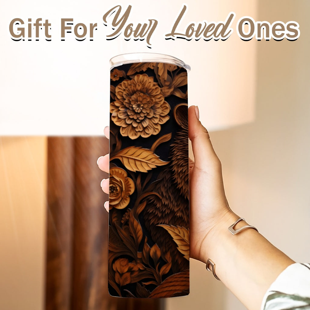 20 oz Straight Tumbler-3D Tooled Leather Brown Bear Design-Rustic Western Sublimation Wrap-Insulated