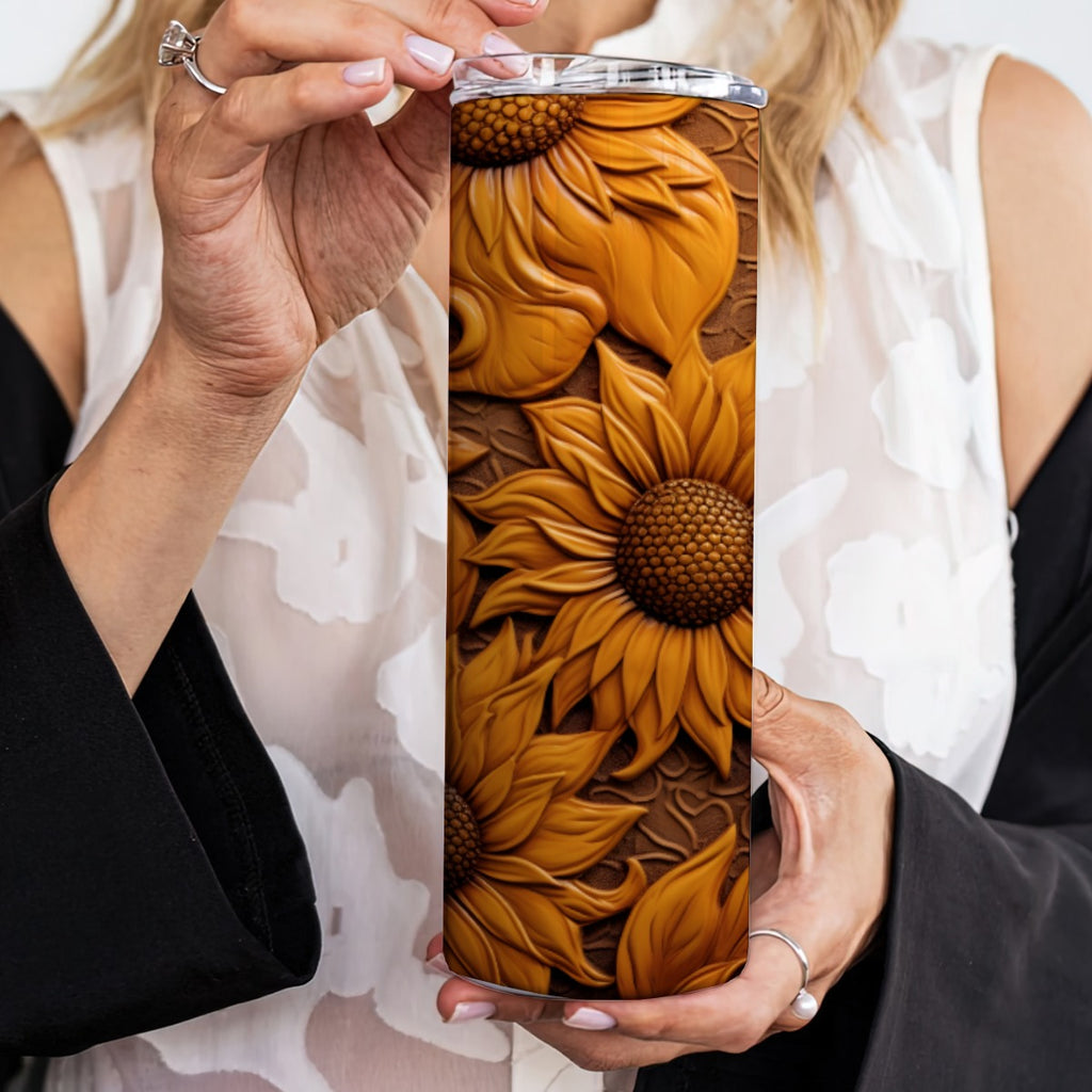 20 oz Straight Tumbler-3D Tooled Leather Sunflower Design-Rustic Western Sublimation Wrap-Insulated