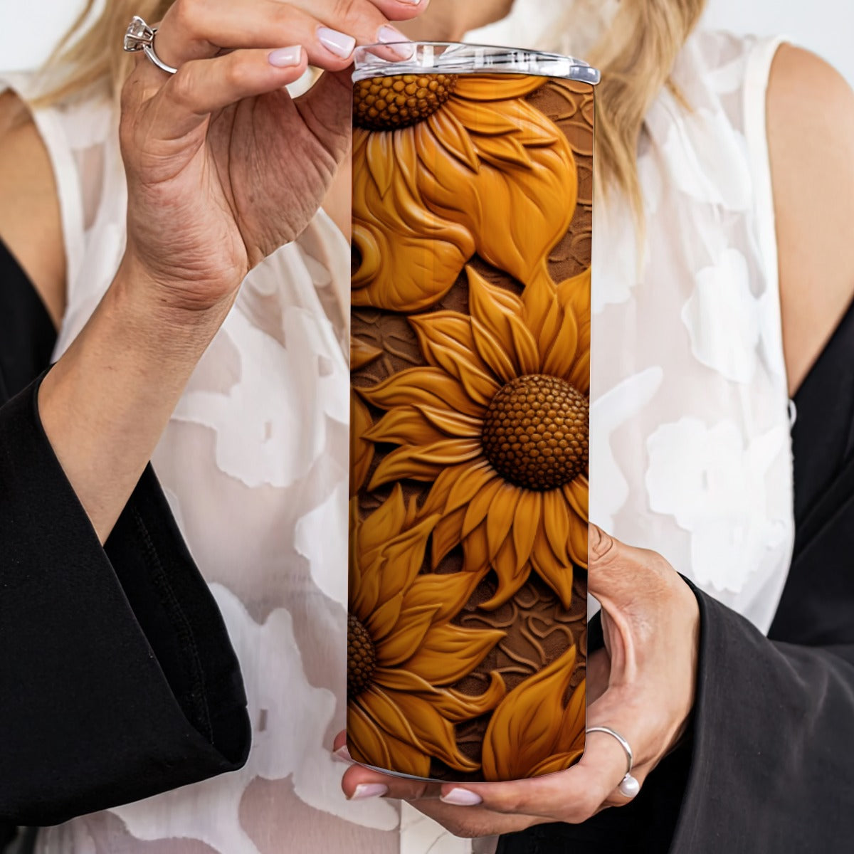20 oz Straight Tumbler-3D Tooled Leather Sunflower Design-Rustic Western Sublimation Wrap-Insulated