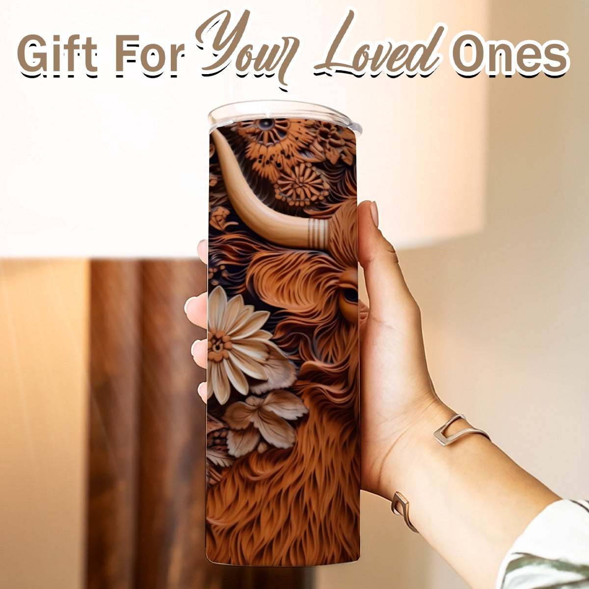 20 oz Straight Tumbler-3D Tooled Leather Highlander Calf Design-Rustic Western Sublimation Wrap-Insu