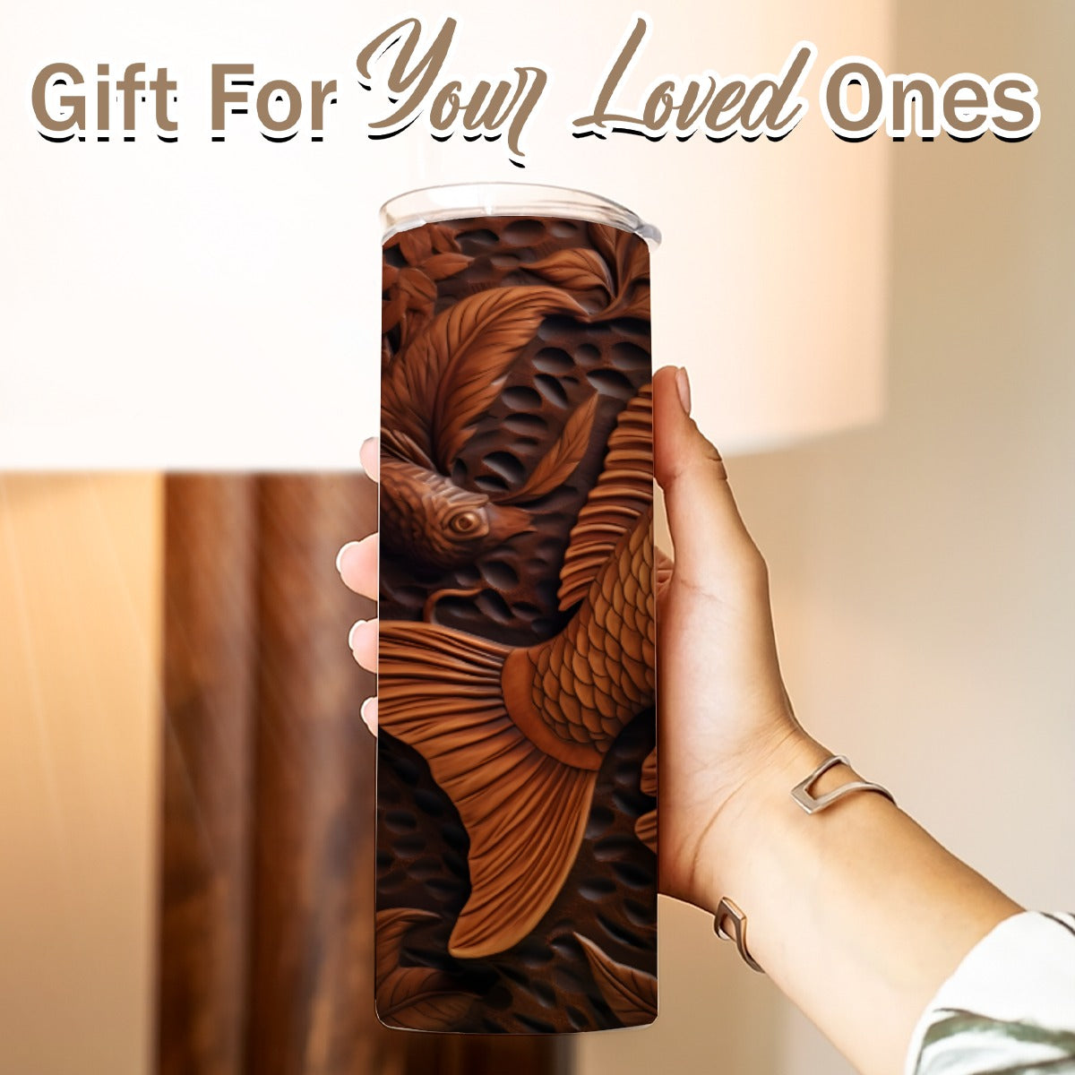 20 oz Straight Tumbler-3D Tooled Leather Fish Design-Rustic Western Sublimation Wrap-Insulated Stain