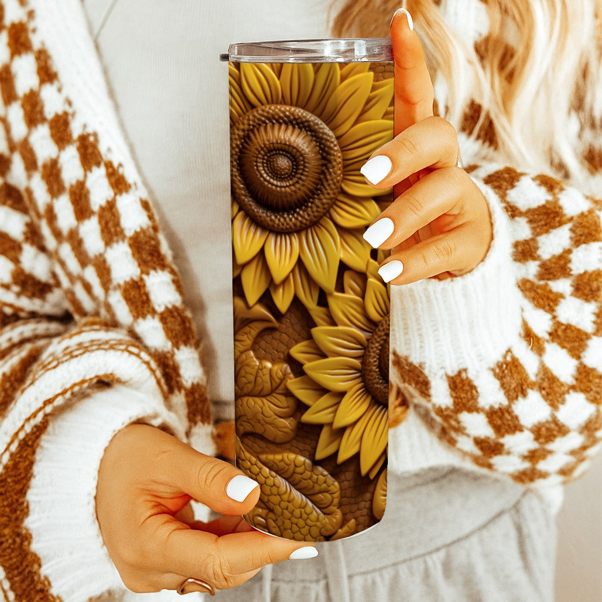 20 oz Straight Tumbler-3D Tooled Leather Sunflower Design-Rustic Western Sublimation Wrap-Insulated