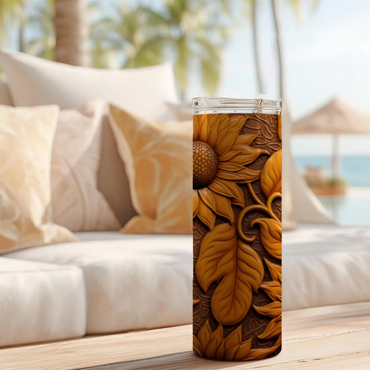 20 oz Straight Tumbler-3D Tooled Leather Sunflower Design-Rustic Western Sublimation Wrap-Insulated