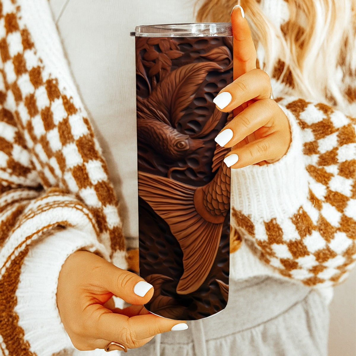 20 oz Straight Tumbler-3D Tooled Leather Fish Design-Rustic Western Sublimation Wrap-Insulated Stain