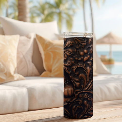 20 oz Straight Tumbler-3D Tooled Leather Cat Design-Rustic Western Sublimation Wrap-Insulated Stainl