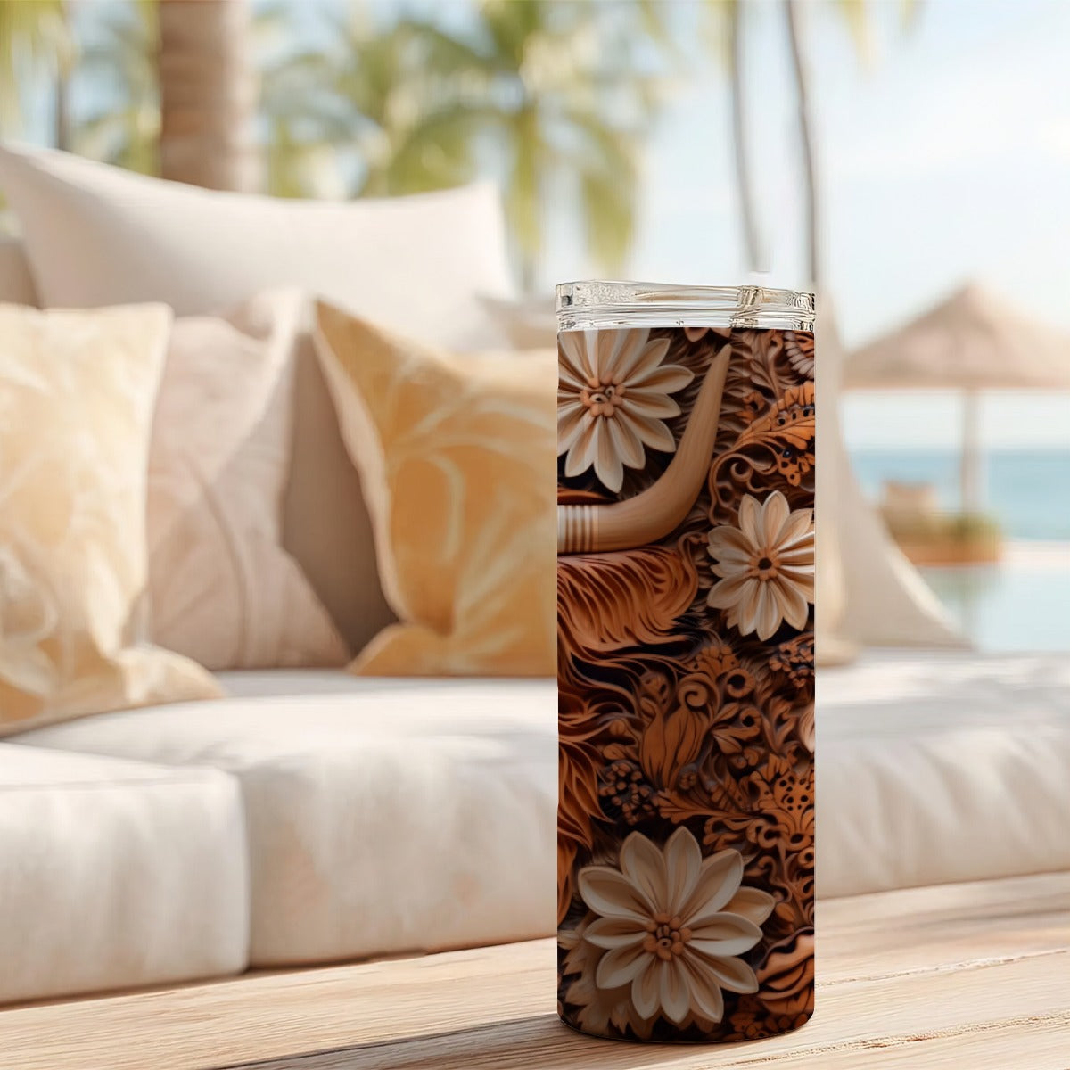 20 oz Straight Tumbler-3D Tooled Leather Highlander Calf Design-Rustic Western Sublimation Wrap-Insu