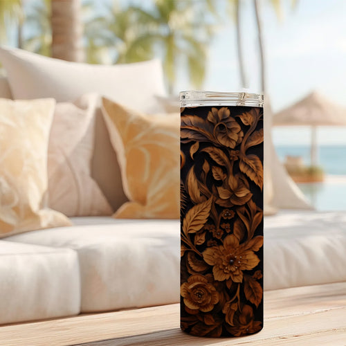 20 oz Straight Tumbler-3D Tooled Leather Brown Bear Design-Rustic Western Sublimation Wrap-Insulated