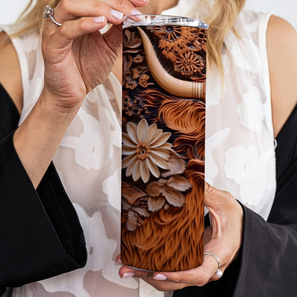 20 oz Straight Tumbler-3D Tooled Leather Highlander Calf Design-Rustic Western Sublimation Wrap-Insu