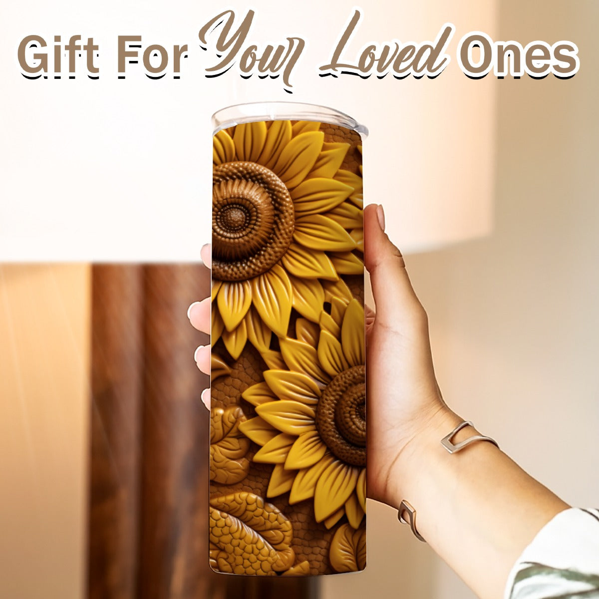 20 oz Straight Tumbler-3D Tooled Leather Sunflower Design-Rustic Western Sublimation Wrap-Insulated