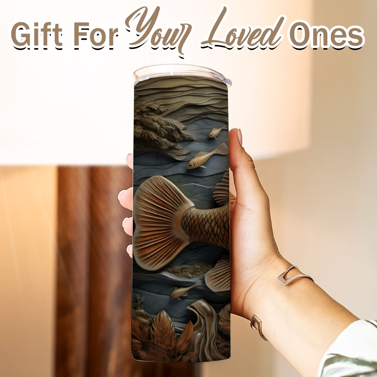 20 oz Straight Tumbler-3D Tooled Leather Fish Design-Rustic Western Sublimation Wrap-Insulated Stain