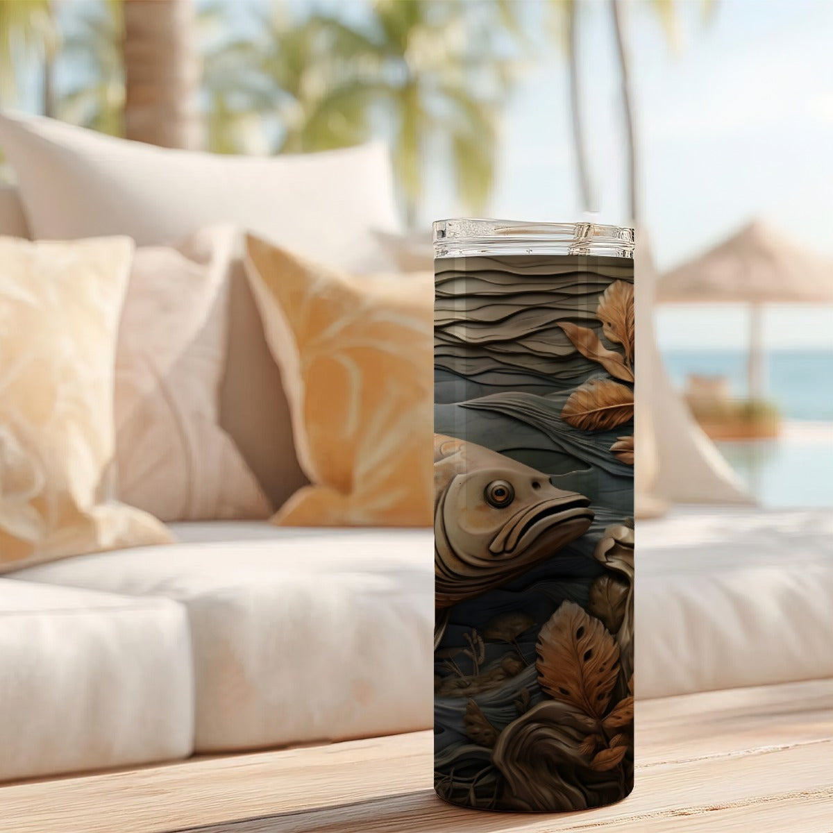 20 oz Straight Tumbler-3D Tooled Leather Fish Design-Rustic Western Sublimation Wrap-Insulated Stain