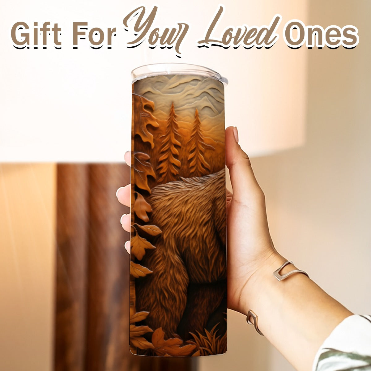 20 oz Straight Tumbler-3D Tooled Leather Grizzy Bear Design-Rustic Western Sublimation Wrap-Insulate