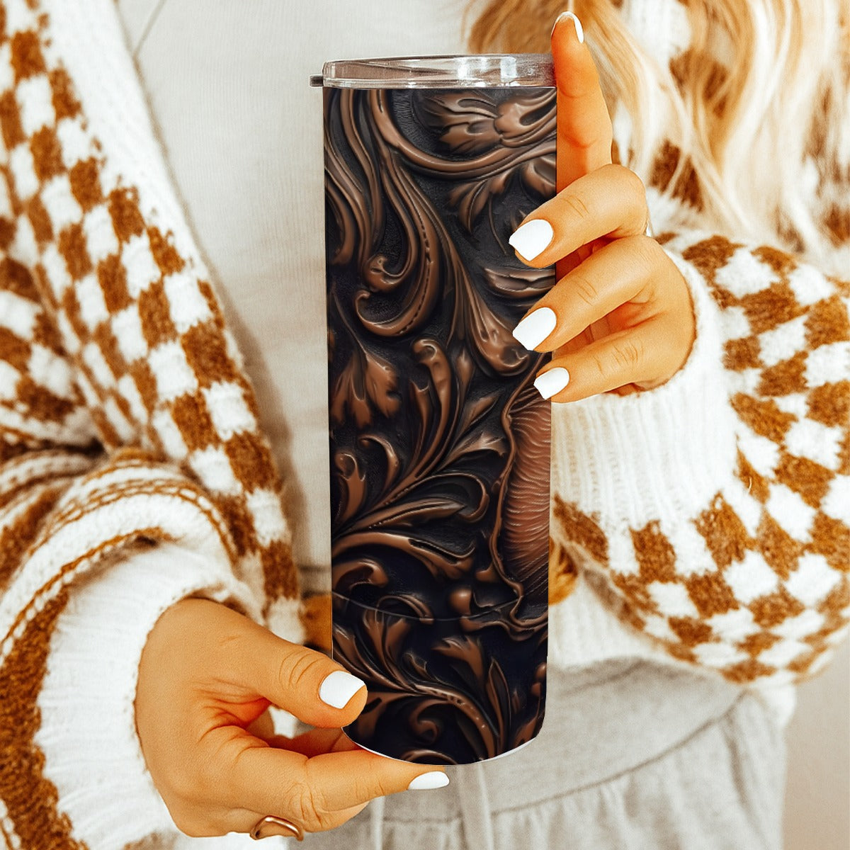 20 oz Straight Tumbler-3D Tooled Leather Cat Design-Rustic Western Sublimation Wrap-Insulated Stainl