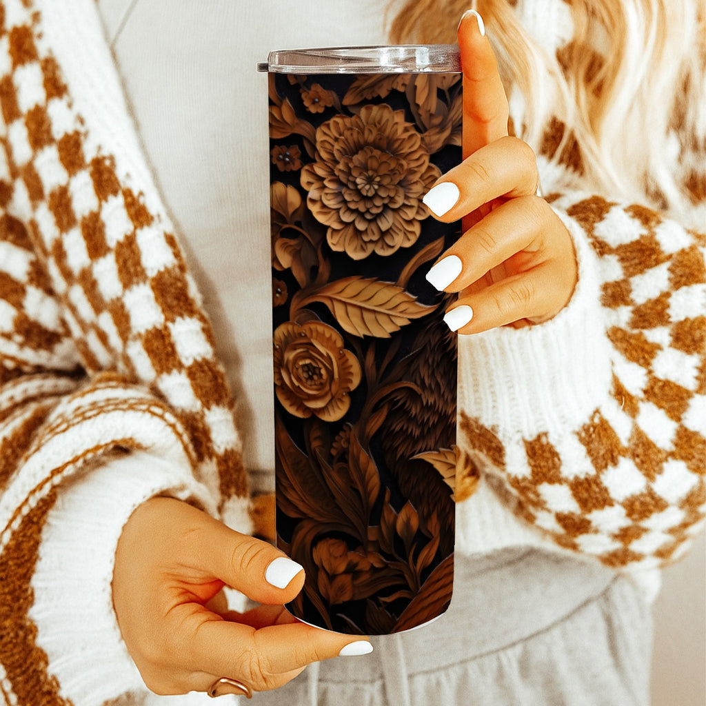 20 oz Straight Tumbler-3D Tooled Leather Brown Bear Design-Rustic Western Sublimation Wrap-Insulated