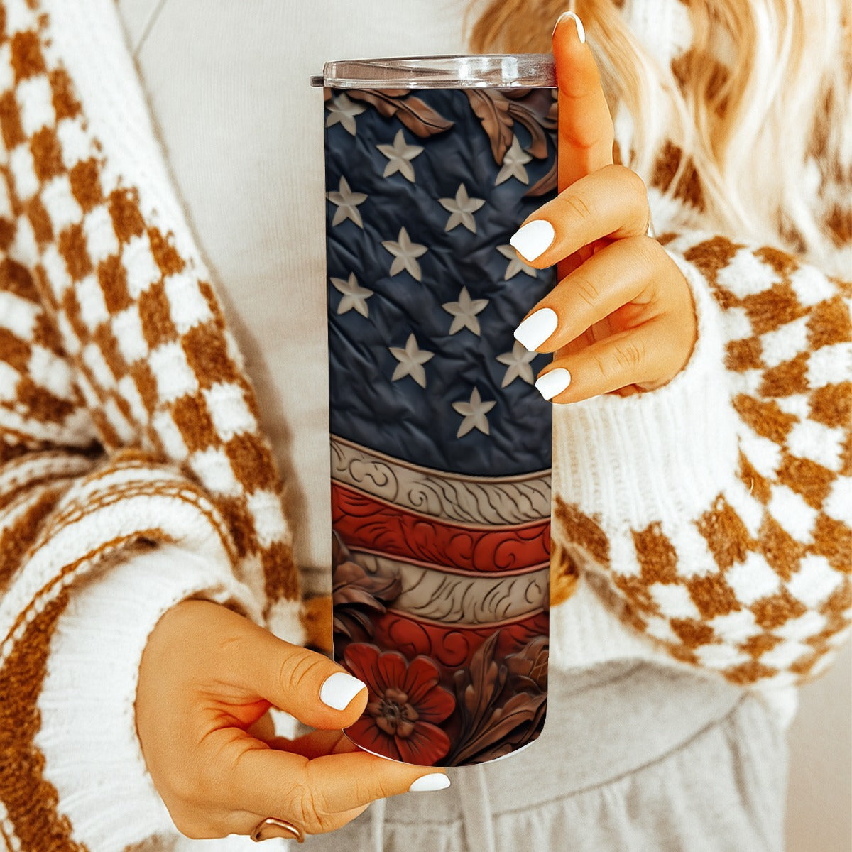 20 oz Straight Tumbler-3D Tooled Leather American Flag Design-Rustic Western Sublimation Wrap