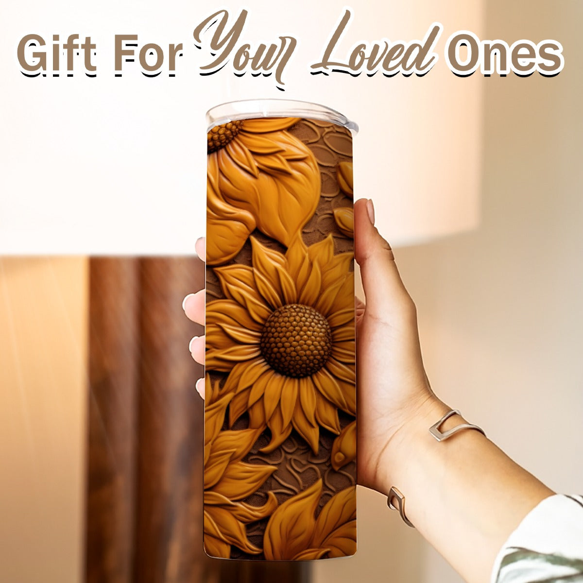 20 oz Straight Tumbler-3D Tooled Leather Sunflower Design-Rustic Western Sublimation Wrap-Insulated