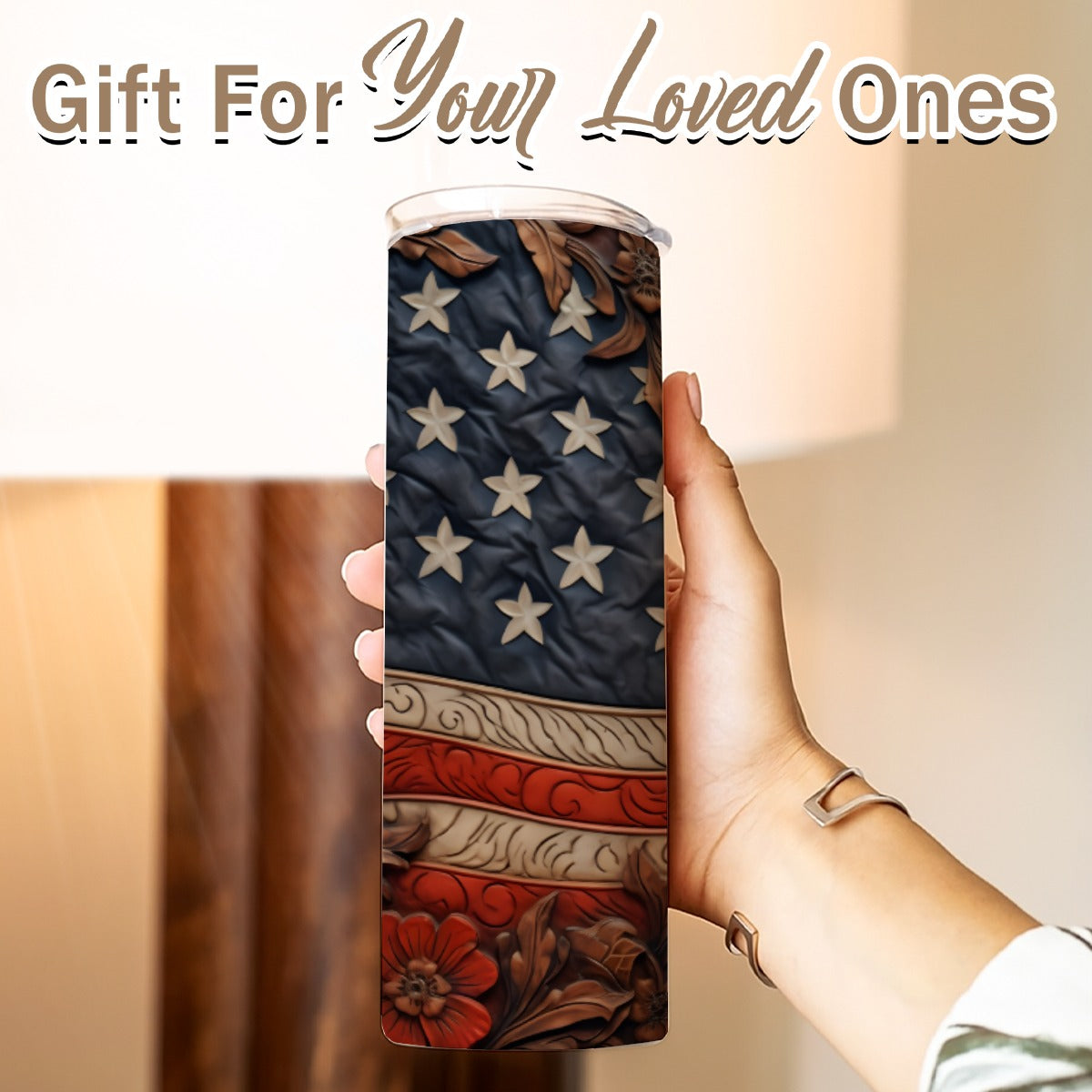 20 oz Straight Tumbler-3D Tooled Leather American Flag Design-Rustic Western Sublimation Wrap