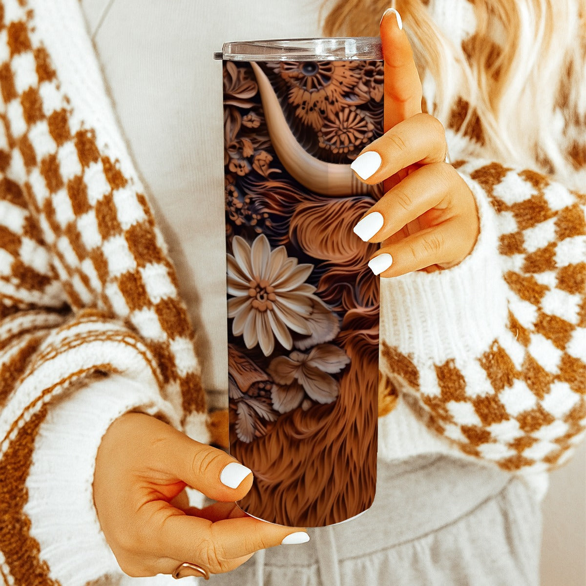 20 oz Straight Tumbler-3D Tooled Leather Highlander Calf Design-Rustic Western Sublimation Wrap-Insu