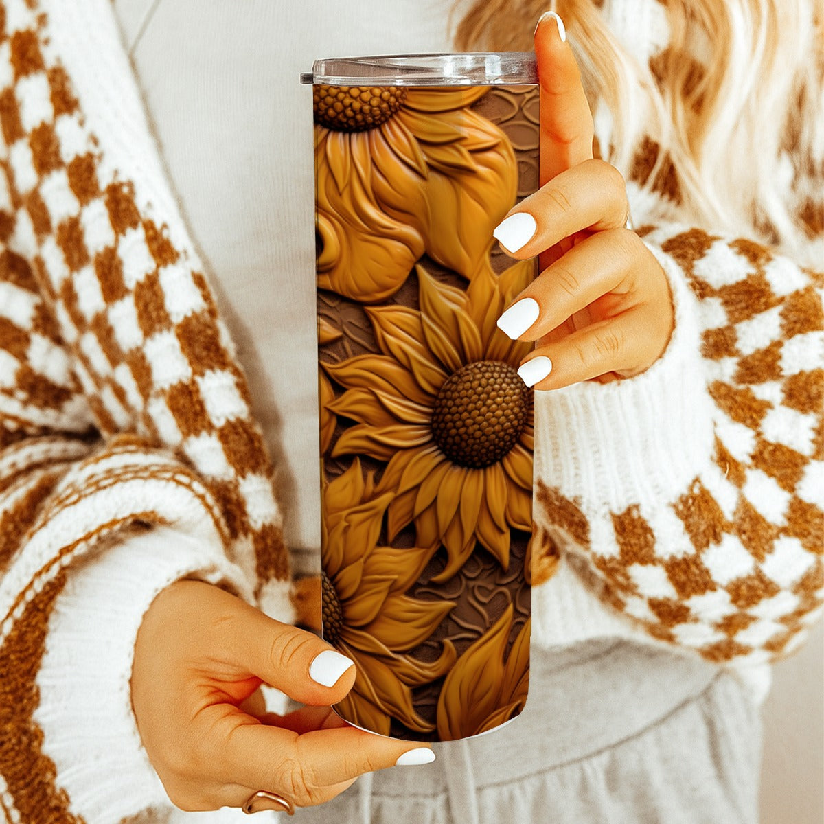 20 oz Straight Tumbler-3D Tooled Leather Sunflower Design-Rustic Western Sublimation Wrap-Insulated