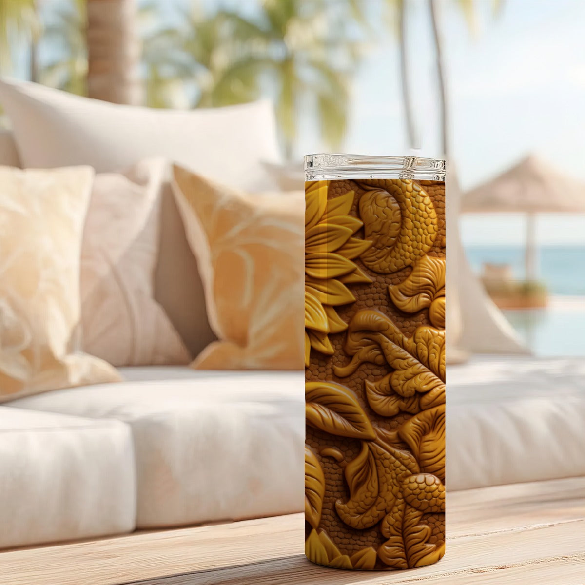 20 oz Straight Tumbler-3D Tooled Leather Sunflower Design-Rustic Western Sublimation Wrap-Insulated