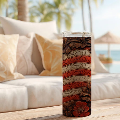 20 oz Straight Tumbler-3D Tooled Leather American Flag Design-Rustic Western Sublimation Wrap