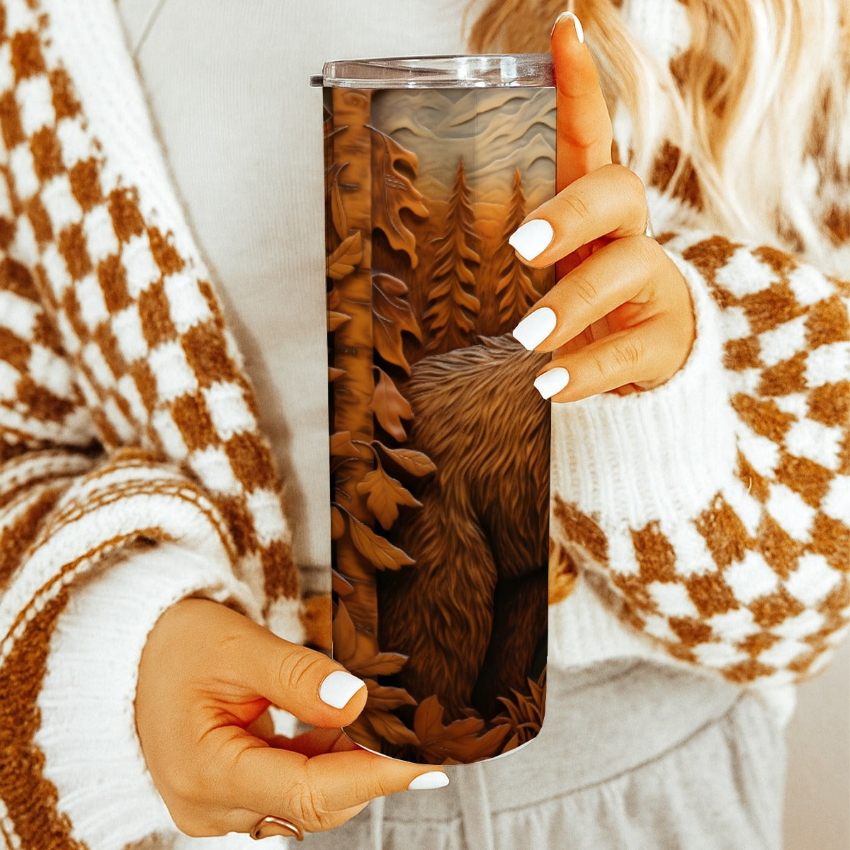 20 oz Straight Tumbler-3D Tooled Leather Grizzy Bear Design-Rustic Western Sublimation Wrap-Insulate