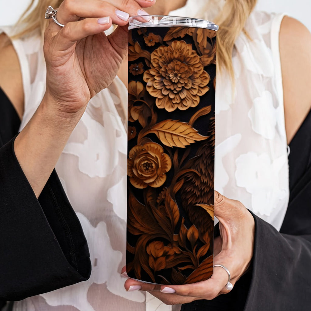 20 oz Straight Tumbler-3D Tooled Leather Brown Bear Design-Rustic Western Sublimation Wrap-Insulated