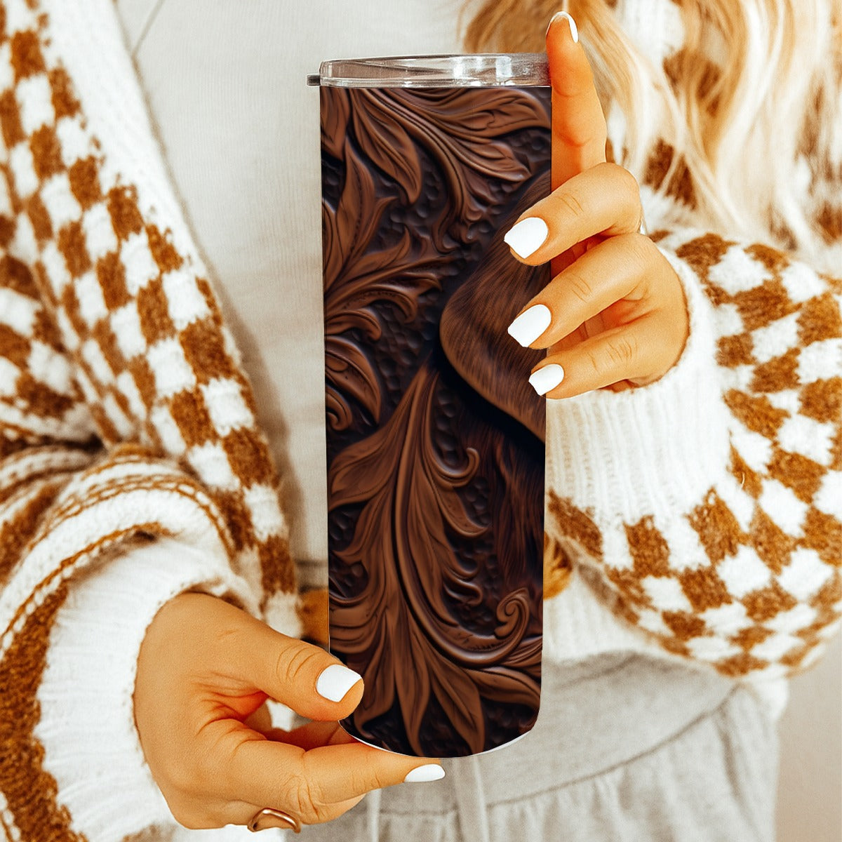 20 oz Straight Tumbler-3D Tooled Leather Hunting Dog Design-Rustic Western Sublimation Wrap-Insulate