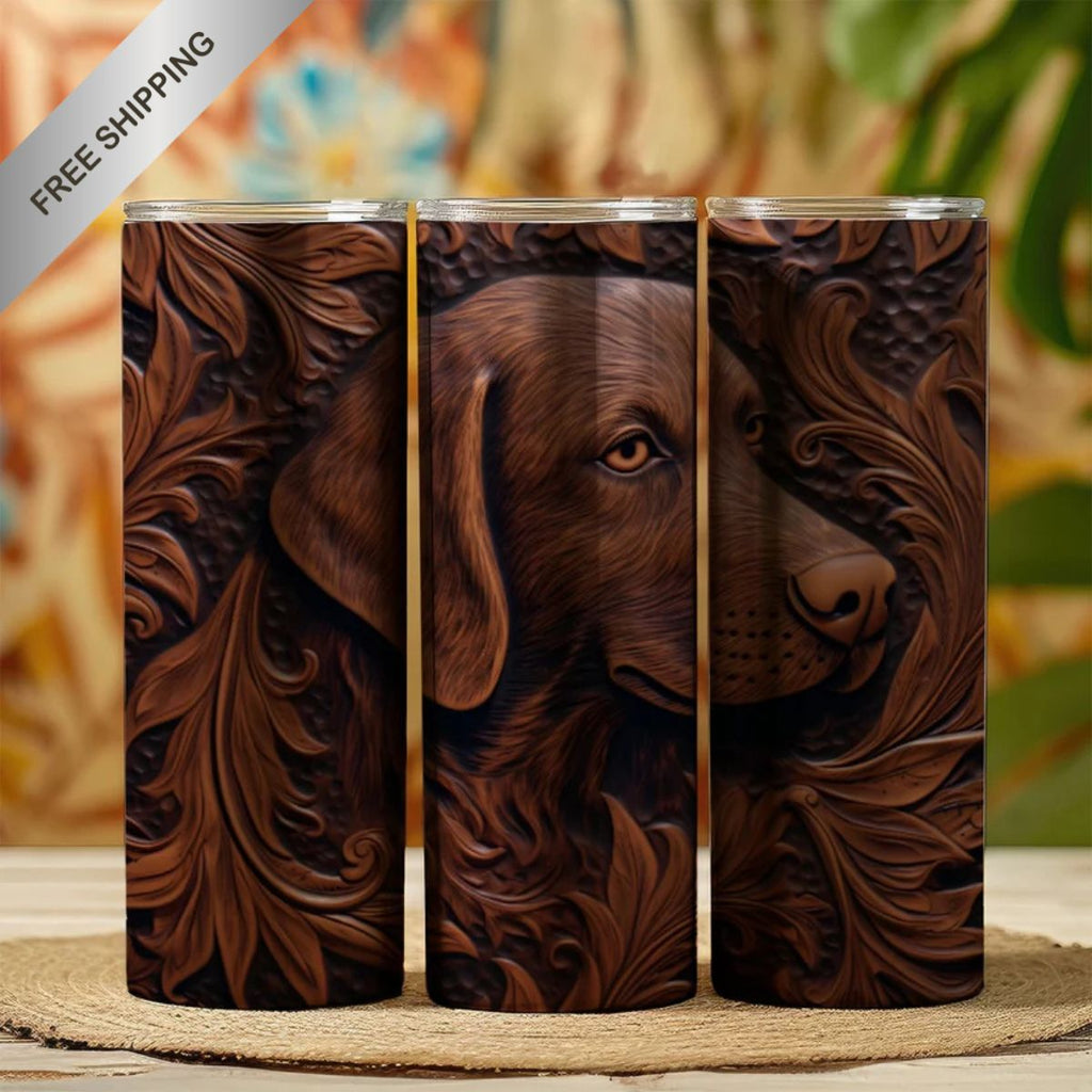 20 oz Straight Tumbler-3D Tooled Leather Hunting Dog Design-Rustic Western Sublimation Wrap-Insulate