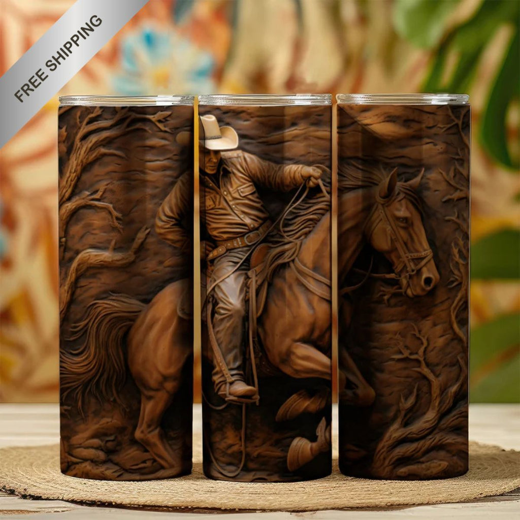 20 oz Straight Tumbler-3D Tooled Leather Cowboy Design-Rustic Western Sublimation Wrap-Insulated Sta
