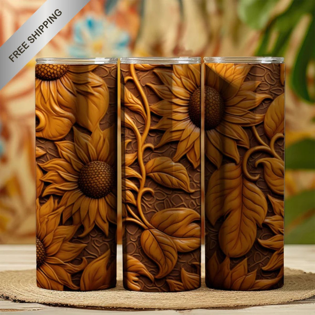 20 oz Straight Tumbler-3D Tooled Leather Sunflower Design-Rustic Western Sublimation Wrap-Insulated