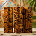 20 oz Straight Tumbler-3D Tooled Leather Sunflower Design-Rustic Western Sublimation Wrap-Insulated