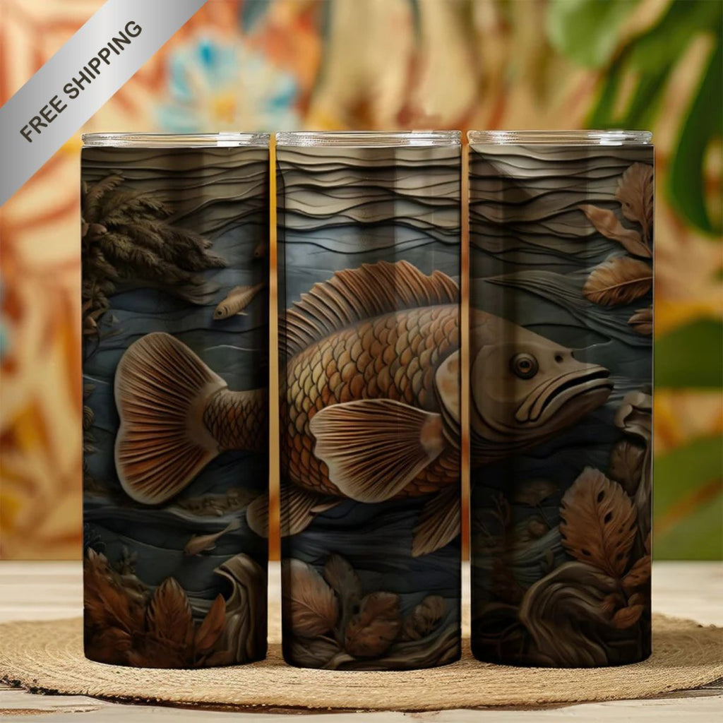 20 oz Straight Tumbler-3D Tooled Leather Fish Design-Rustic Western Sublimation Wrap-Insulated Stain