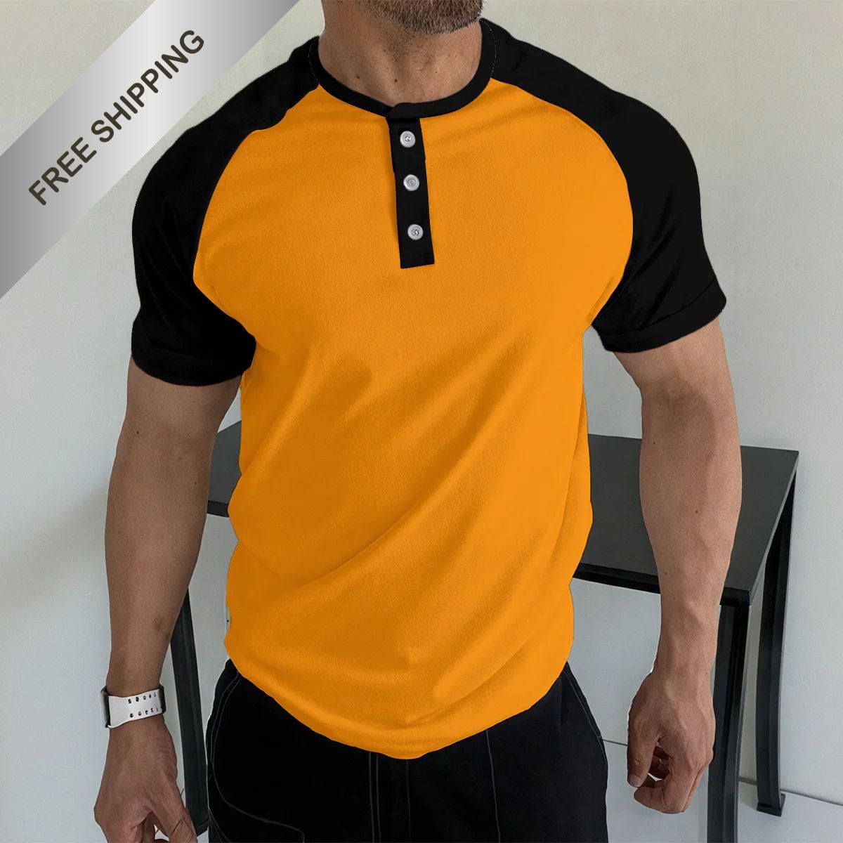Men's Orange & Black Raglan Henley Tee