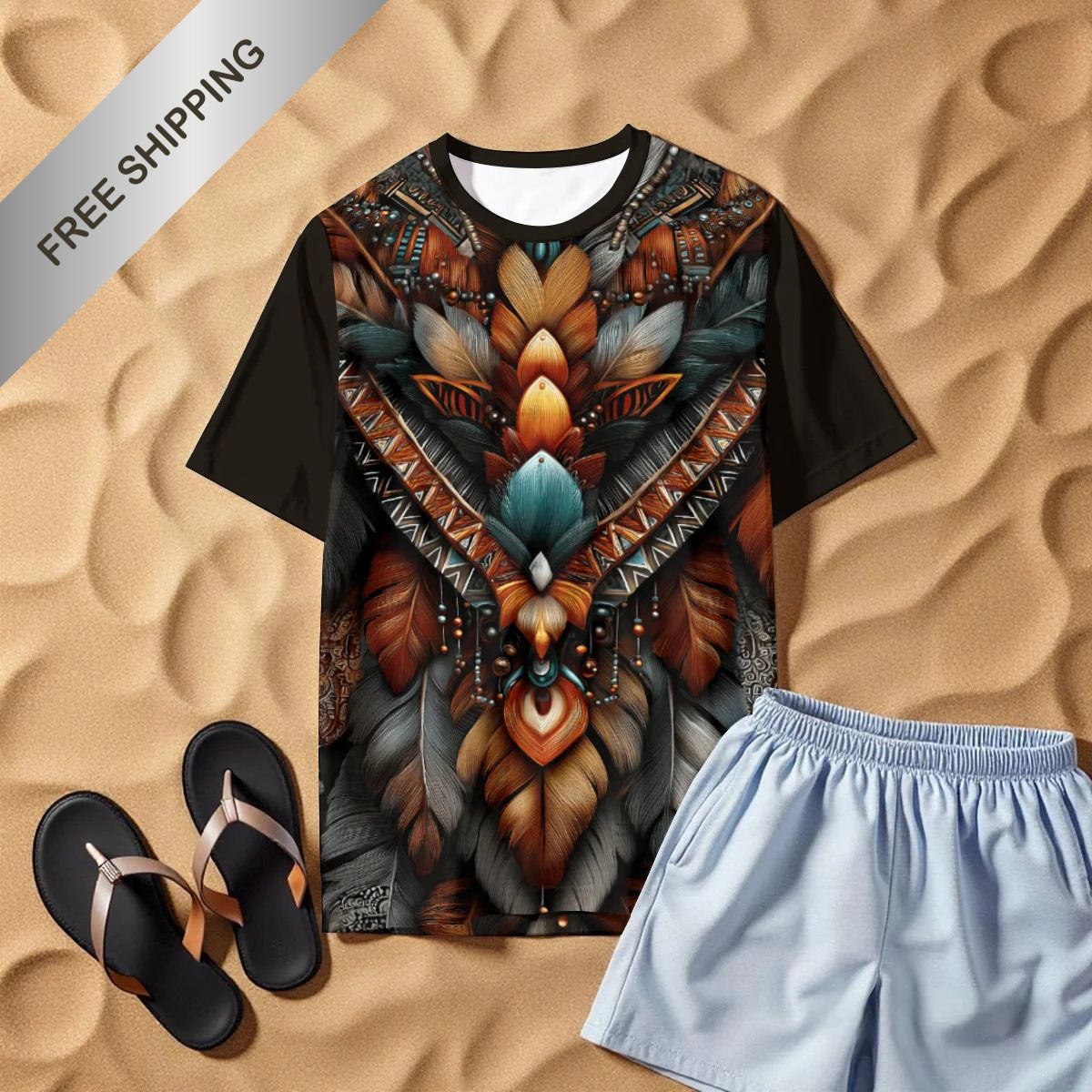 Tribal Feather Symmetrical All-Over Print Tee