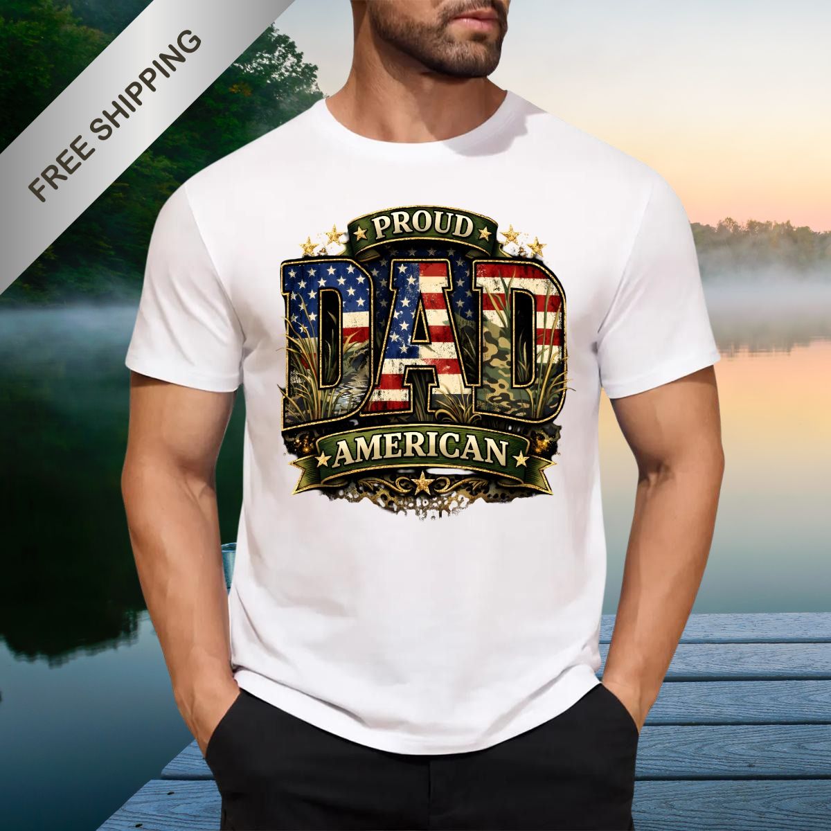 Proud American Dad Patriotic T-Shirt | USA Flag Graphic Tee | Men's Father's Day Gift