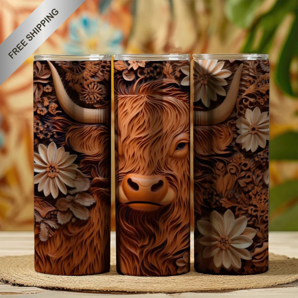 20 oz Straight Tumbler-3D Tooled Leather Highlander Calf Design-Rustic Western Sublimation Wrap-Insu