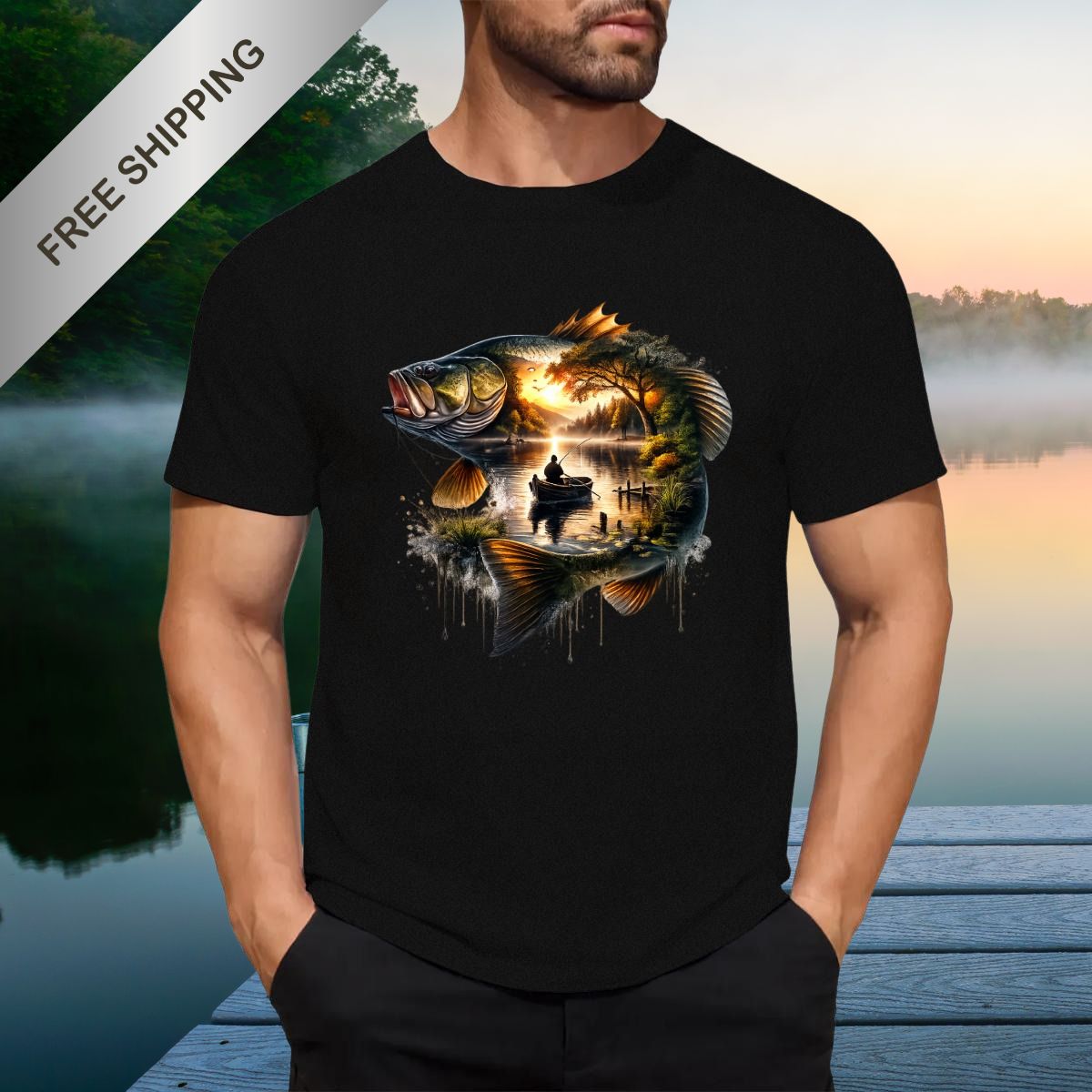 Scenic Bass Fishing T-Shirt | Rustic Fisherman Sunset Graphic Tee | Unisex Bella + Canvas 3001