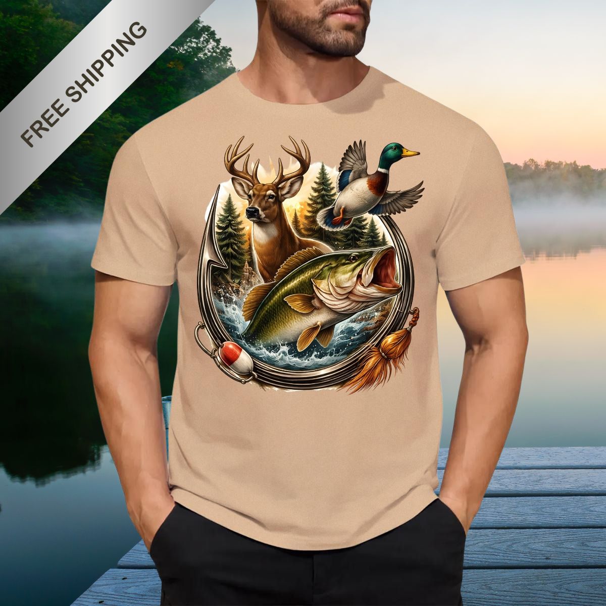 Vintage Wildlife Graphic Tee | Bass, Whitetail Deer & Mallard Duck T-Shirt |Outdoorsman Gift