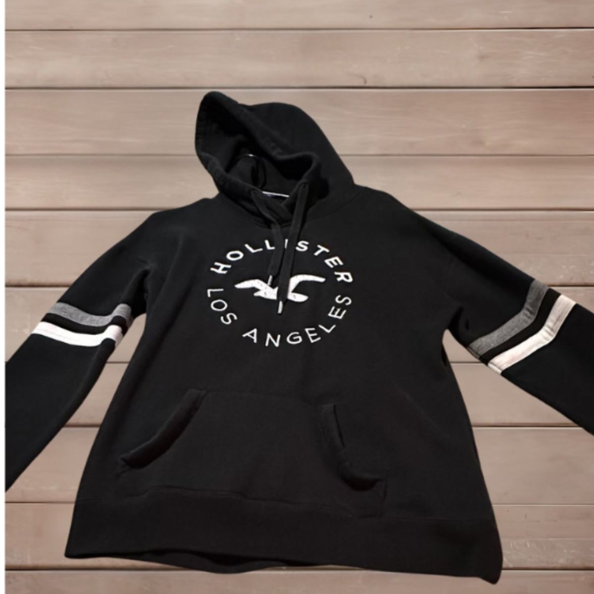 Pre-Owned Black Hollister Hoodie with Varsity Sleeve Stripes - Size M