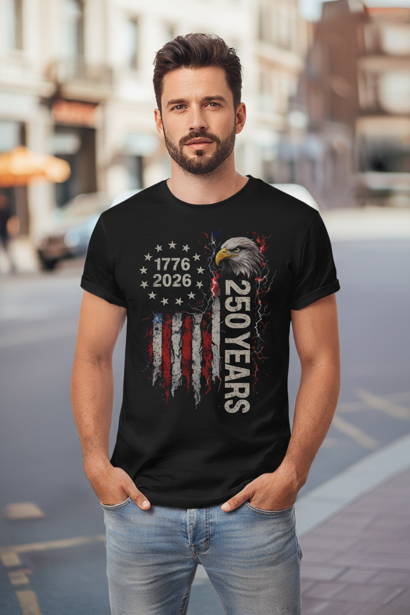 1776 - 2026 USA 250 Years Graphic Tee | Distressed Eagle Flag Patriotic Shirt | Printed in USA