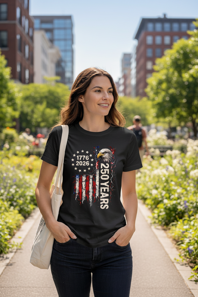 Women's 1776 - 2026 USA 250 Years Graphic Tee | Distressed Eagle - Patriotic Shirt | Printed in USA